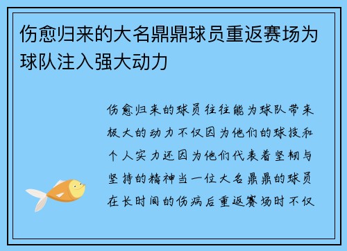 伤愈归来的大名鼎鼎球员重返赛场为球队注入强大动力