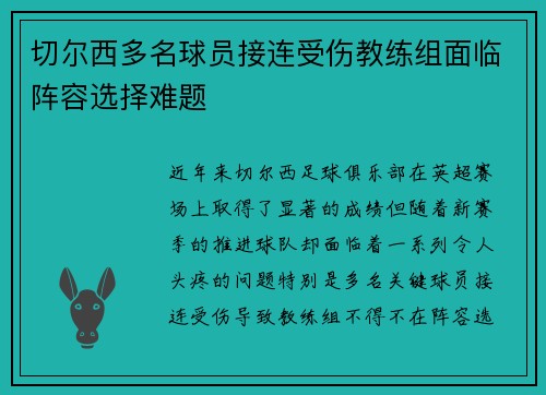切尔西多名球员接连受伤教练组面临阵容选择难题