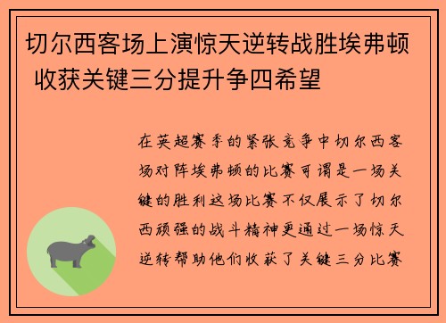 切尔西客场上演惊天逆转战胜埃弗顿 收获关键三分提升争四希望