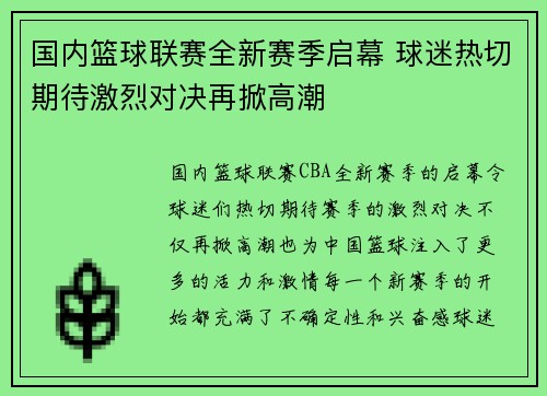 国内篮球联赛全新赛季启幕 球迷热切期待激烈对决再掀高潮